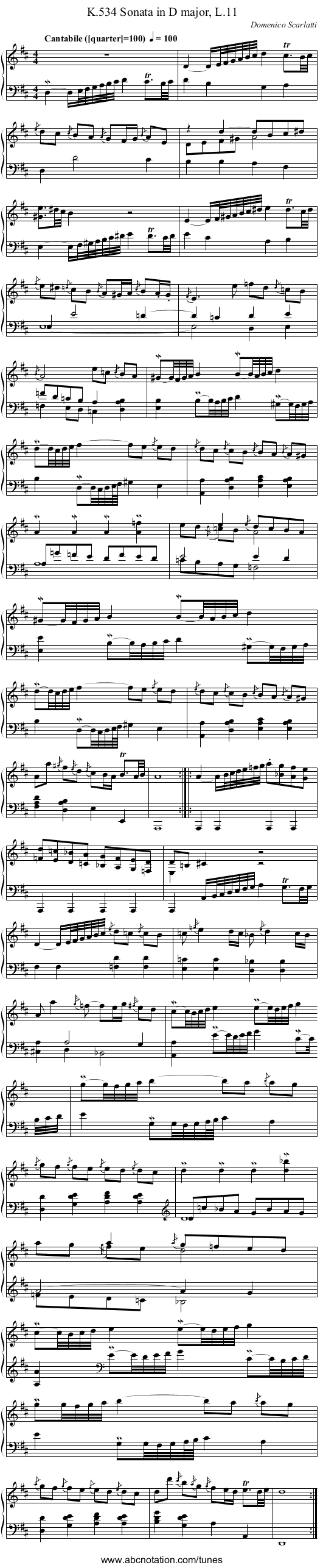 Sonata in D major, L.11, K.534 - staff notation