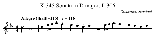 Sonata in D major, L.306, K.345 - staff notation