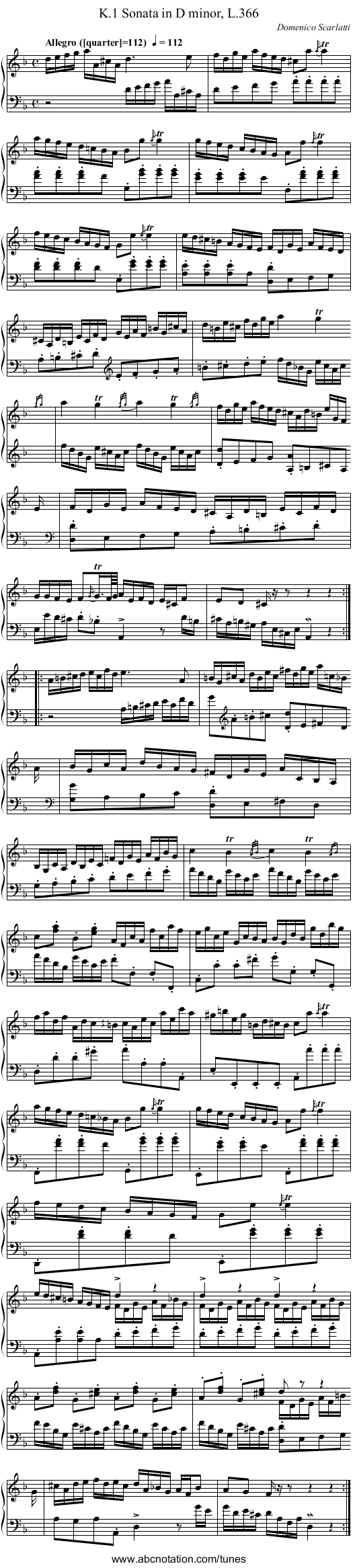 Sonata in D minor, L.366, K.1 - staff notation