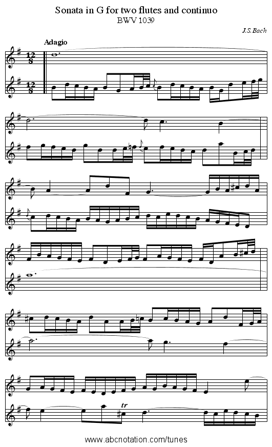 Sonata in G for two flutes and continuo - staff notation