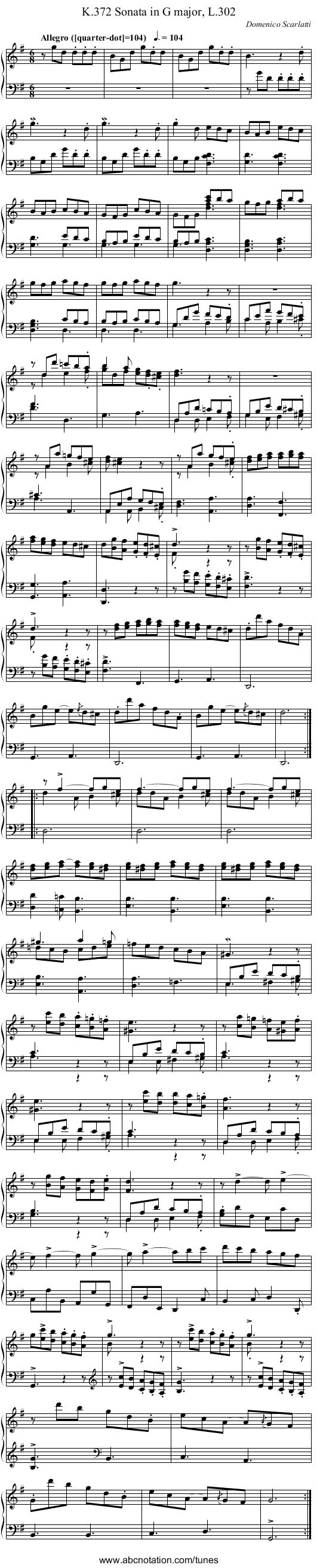 Sonata in G major, L.302, K.372 - staff notation