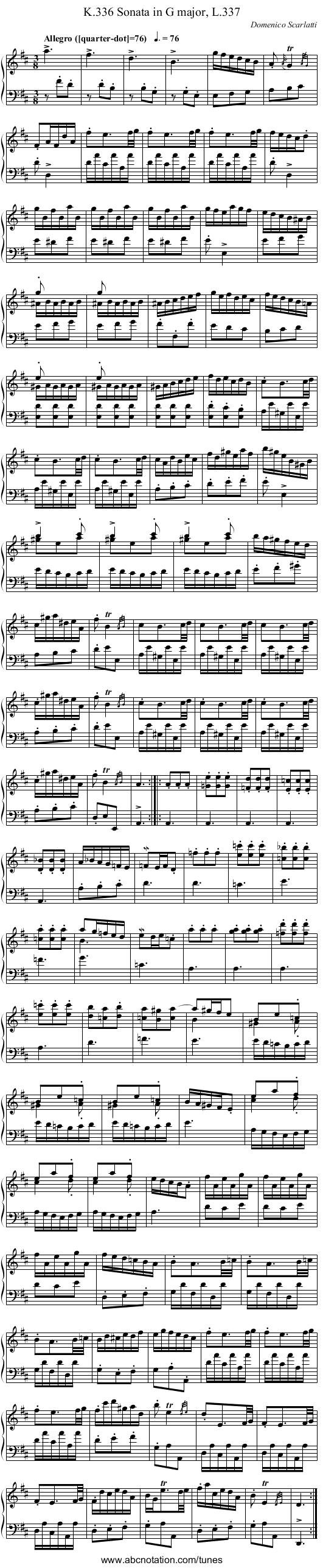Sonata in G major, L.337, K.336 - staff notation