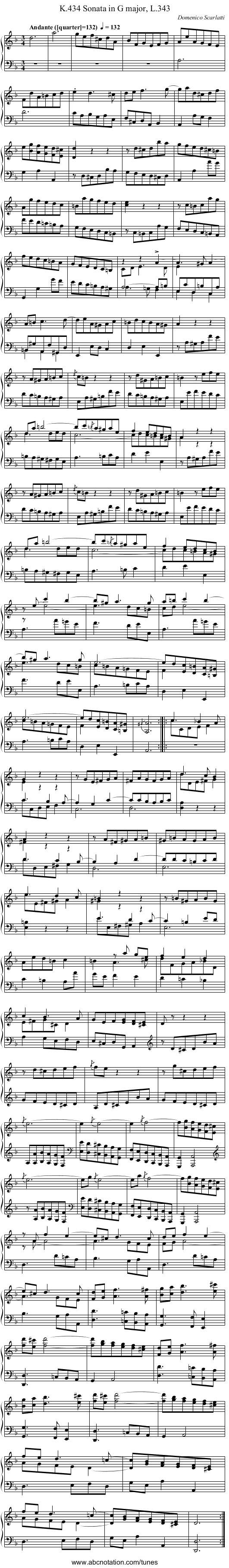 Sonata in G major, L.343, K.434 - staff notation
