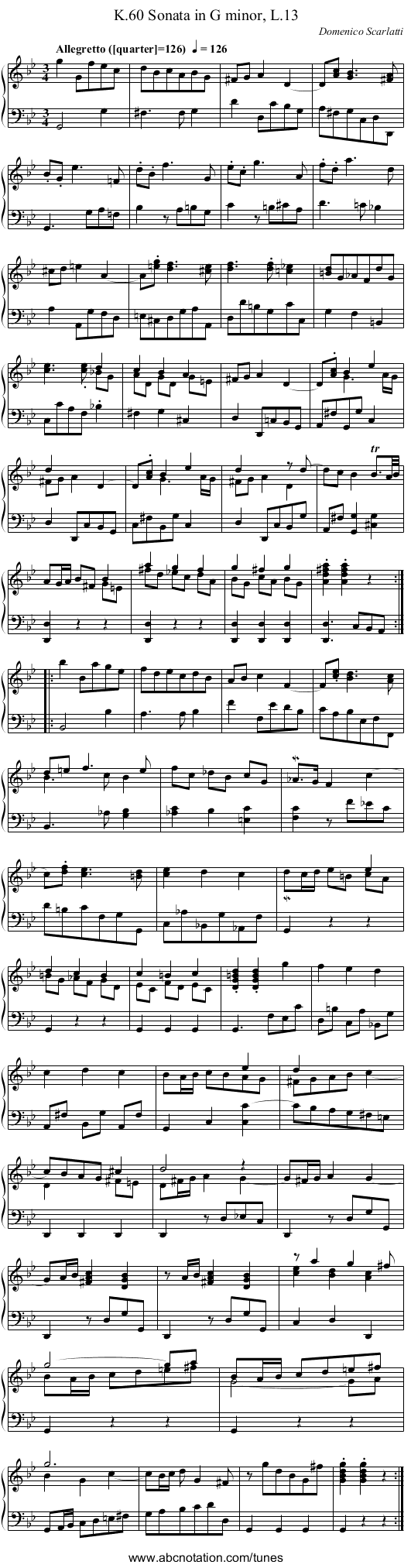 Sonata in G minor, L.13, K.60 - staff notation