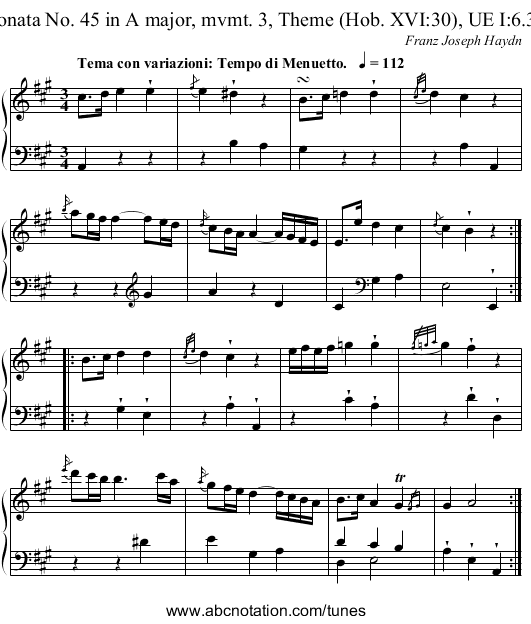 Sonata No. 45 in A major, mvmt. 3, Theme (Hob. XVI:30), UE I:6.3a - staff notation