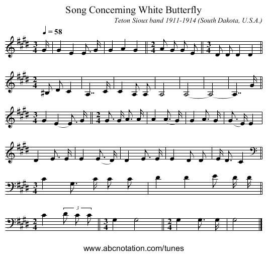 Song Concerning White Butterfly - staff notation