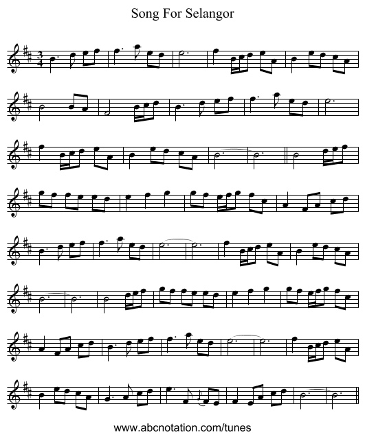 Song For Selangor - staff notation