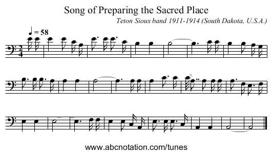Song of Preparing the Sacred Place - staff notation