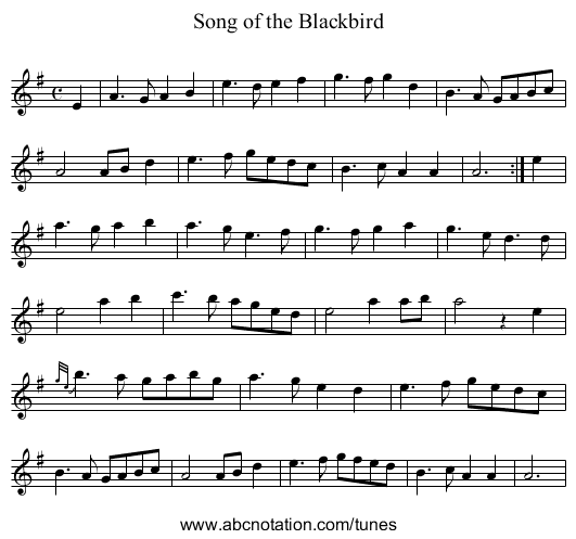 Song of the Blackbird - staff notation