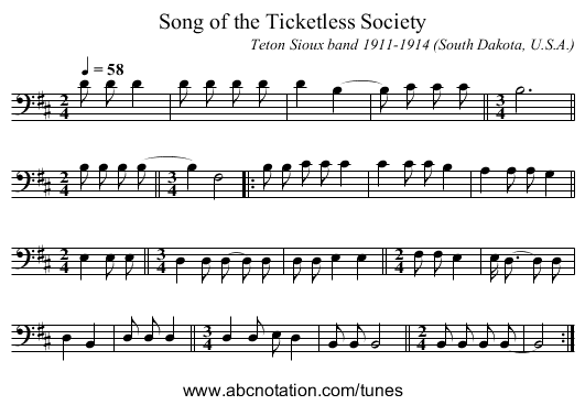 Song of the Ticketless Society - staff notation