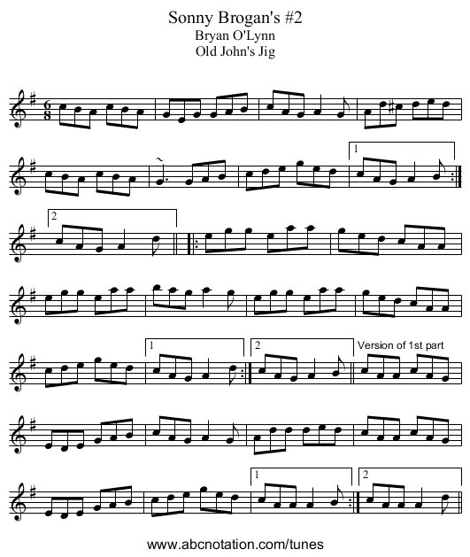 Sonny Brogan's #2 - staff notation