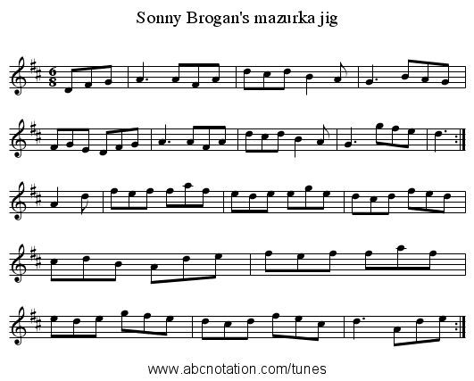Sonny Brogan's mazurka jig - staff notation