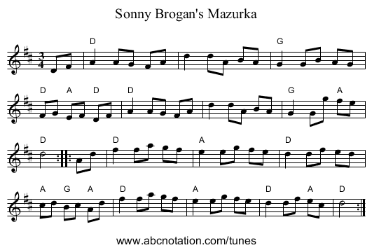 Sonny Brogan's Mazurka - staff notation