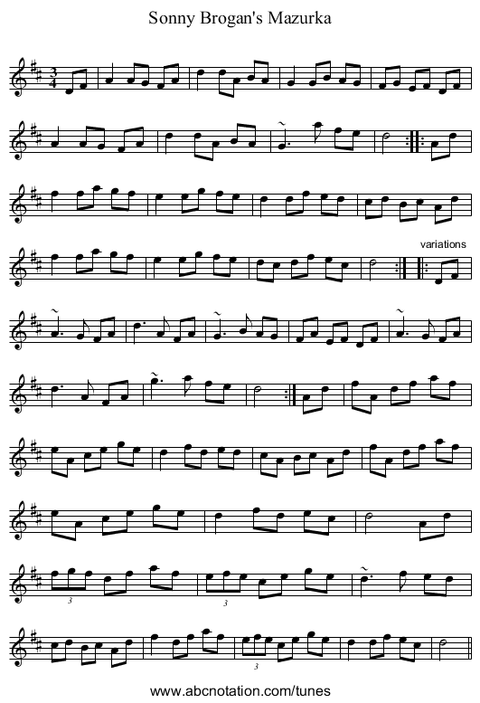 Sonny Brogan's Mazurka - staff notation