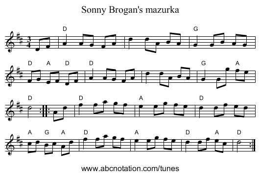 Sonny Brogan's mazurka - staff notation
