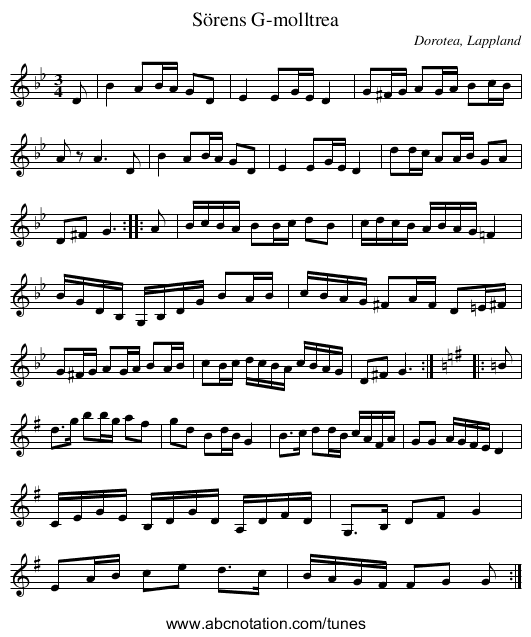 Sörens G-molltrea - staff notation