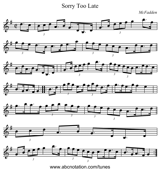 Sorry Too Late - staff notation