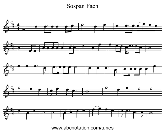 Sospan Fach - staff notation