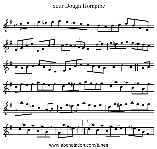 Sour Dough Hornpipe - staff notation