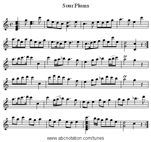 Sour Plums - staff notation