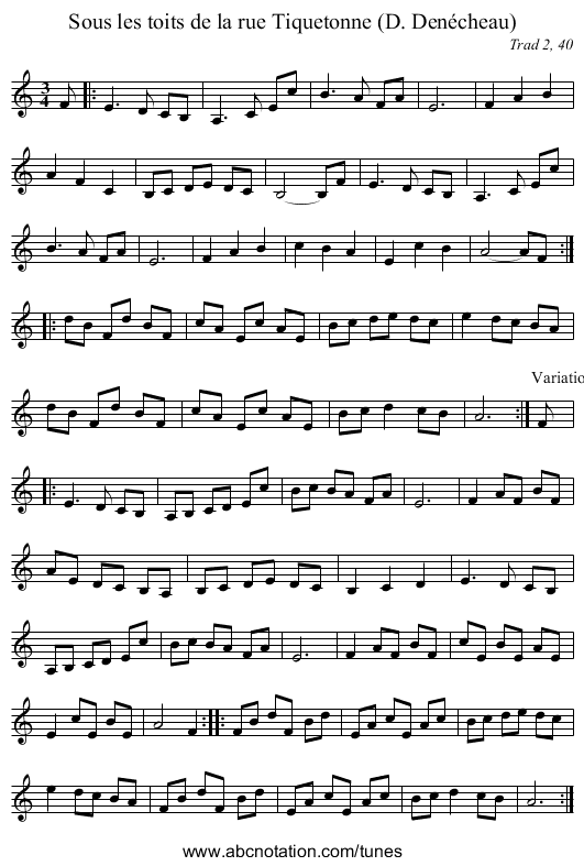 Sous les toits de la rue Tiquetonne (D. Denécheau) - staff notation