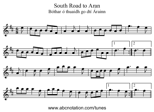 South Road to Aran - staff notation