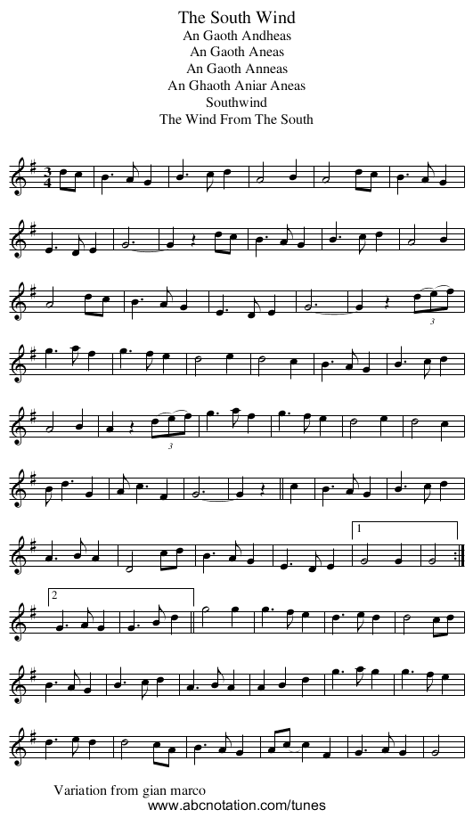 South Wind, The - staff notation