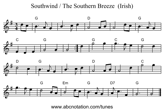 Southwind / The Southern Breeze  (Irish) - staff notation