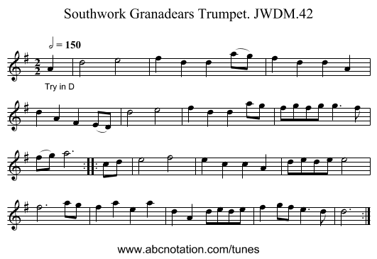 Southwork Granadears Trumpet. JWDM.42 - staff notation