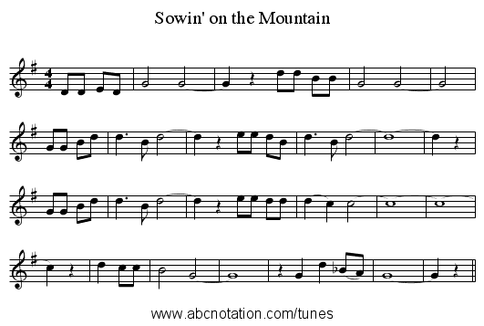 Sowin' on the Mountain - staff notation