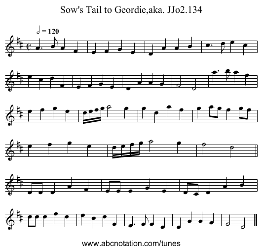Sow's Tail to Geordie,aka. JJo2.134 - staff notation