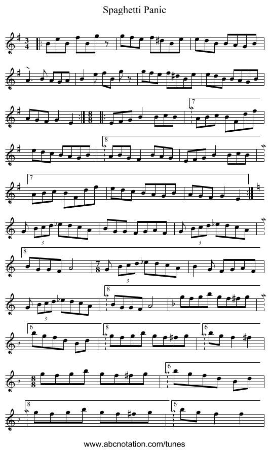 Spaghetti Panic - staff notation