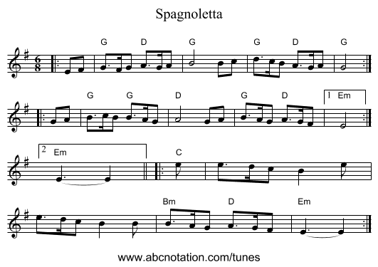 Spagnoletta - staff notation