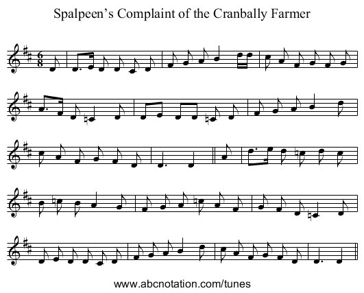 Spalpeen’s Complaint of the Cranbally Farmer - staff notation