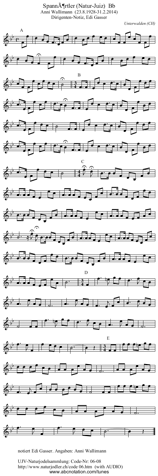 Spannörtler (Natur-Juiz) Bb - staff notation