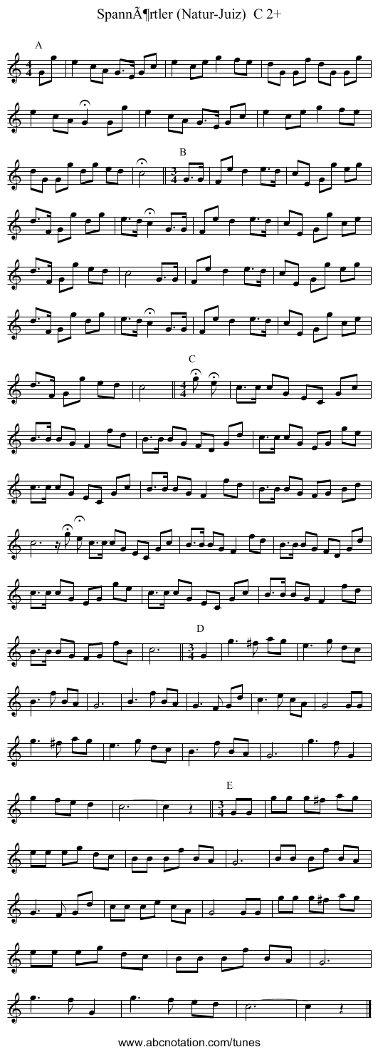 SpannÃ¶rtler (Natur-Juiz)  C 2+ - staff notation