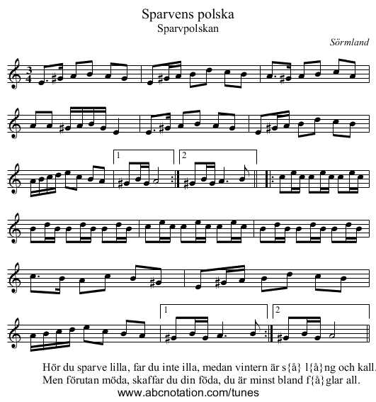 Sparvens polska - staff notation