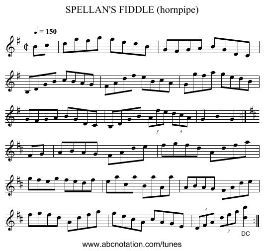 SPELLAN'S FIDDLE (hornpipe) - staff notation