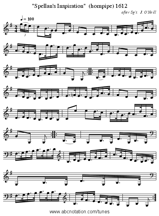 Spellan's Inspiration  (hornpipe) 1612 - staff notation