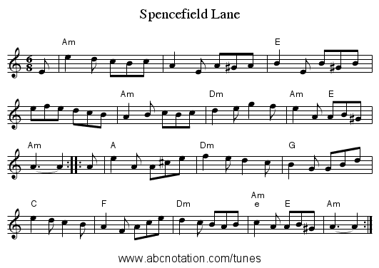 Spencefield Lane - staff notation