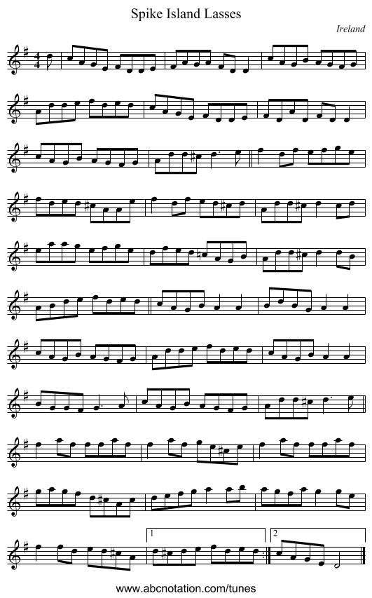 Spike Island Lasses - staff notation