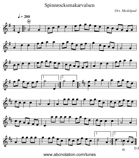 Spinnrocksmakarvalsen - staff notation