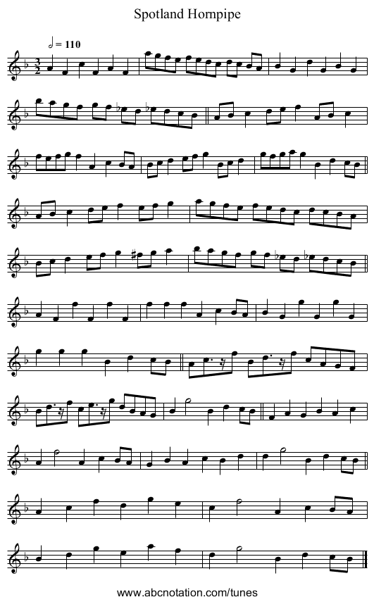 Spotland Hornpipe - staff notation