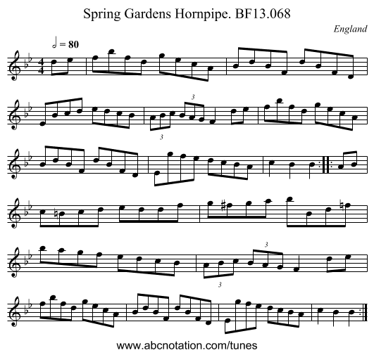 Spring Gardens Hornpipe. BF13.068 - staff notation