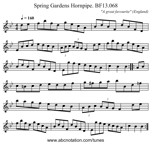 Spring Gardens Hornpipe. BF13.068 - staff notation