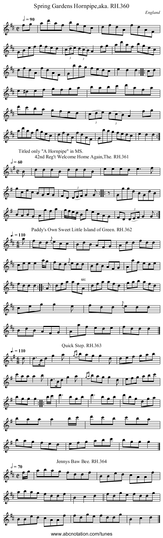 Spring Gardens Hornpipe,aka. RH.360 - staff notation