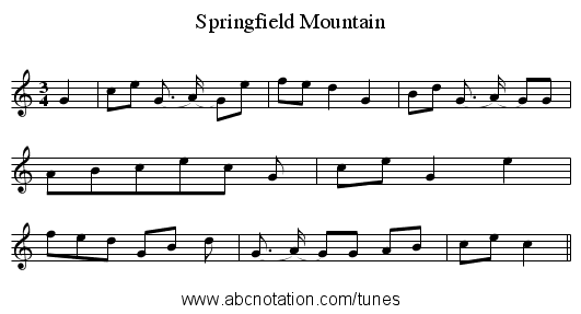 Springfield Mountain - staff notation