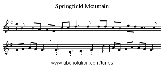 Springfield Mountain - staff notation