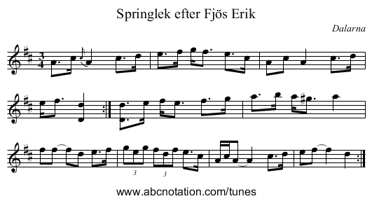 Springlek efter Fjös Erik - staff notation