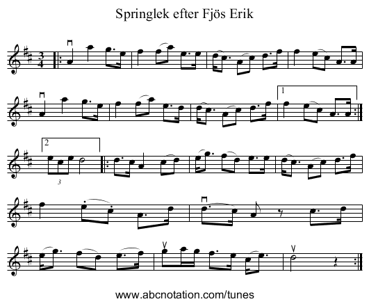 Springlek efter Fjös Erik - staff notation